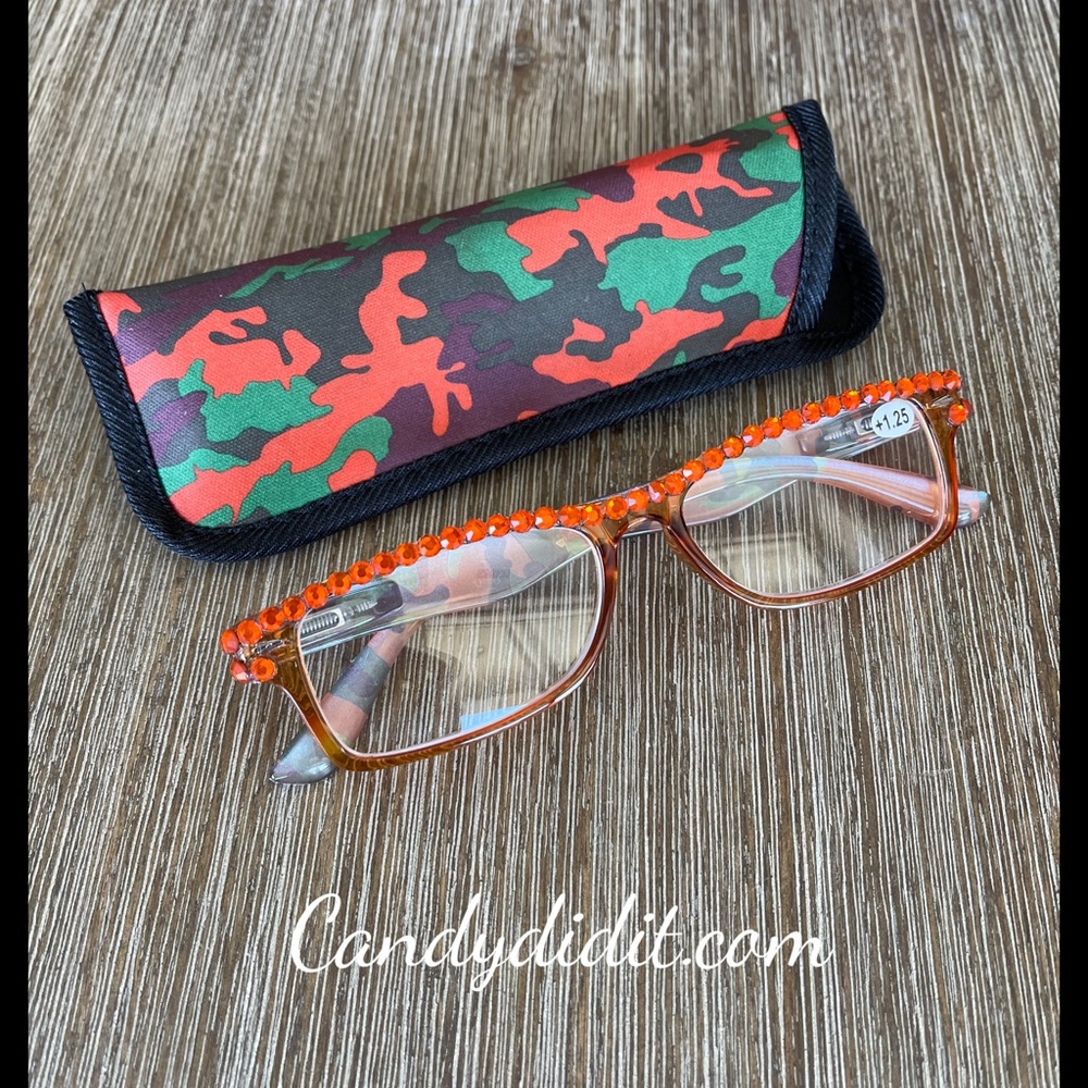 Translucent Orange Camo W/Orange Crystals Bling Reader Glasses With Case